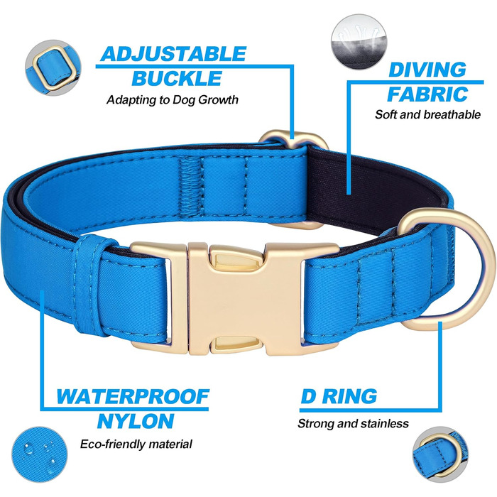 Нашийник для собак Didog з нейлону, м'який, з металевою застібкою, для великих, середніх собак, чорний, M (L: регульована шия 38-58 см, синій)