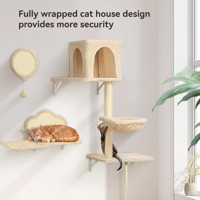 Комплекс для котів BYBYME з гамаком, ліжком та полицями, 6шт. Міцні меблі для котів з плюшевою стійкою, когтеточкою та сизалевими стовпчиками (Бежевий)