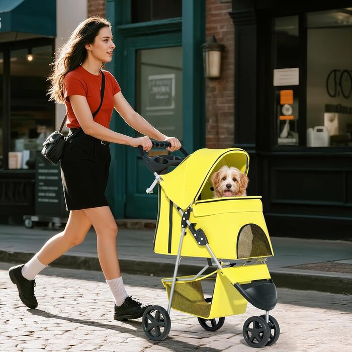 Дитяча коляска для котів та собак, 3 колеса, жовта. Коляска для тварин середнього розміру та цуценят, 13,6 кг, з кошиком для зберігання та тримачем для напоїв