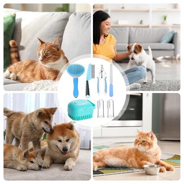 Набір для догляду за шерстю котів та собак: щітка, триммер для нігтів, пилка, гребінець від бліх, 2 зубні щітки для тварин, блакитний