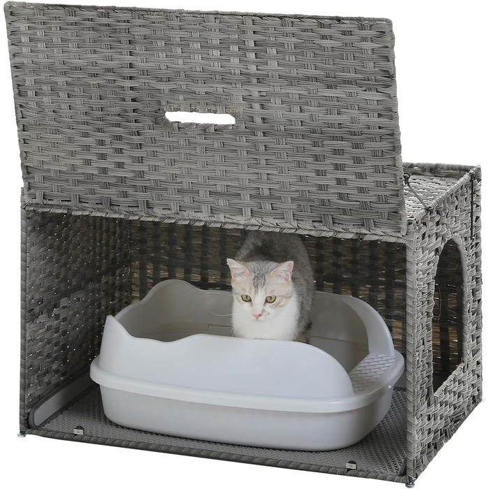 MUTTROS туалет для котів з ротанга, прихований туалет для котів, меблі з ручної плетіння, з високою дверцятами та піднятим бортиком, котячий будиночок-шафка для великих котів, для дому, вітальні, сірий