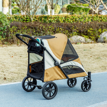 Складаний візок для собак середніх порід, собачий buggy на 4 колесах із безпековим повідцем та гальмами, коричневий