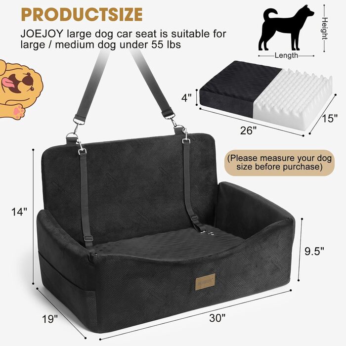 Автокрісло для собак JOEJOY - велике, для середніх та 2 маленьких собак до 25 кг, знімний чохол, Memory Foam, з ременями безпеки