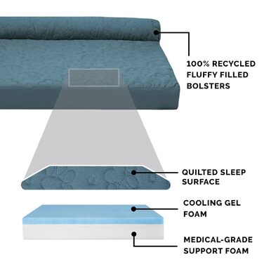 Охолоджуване ліжко для собак Furhaven з гелевим наповнювачем, великих порід, з знімними валиками для шиї та пральним покриттям, до 43 кг. Розмір L 102 x 81 x 20 см, колір Bluestone.