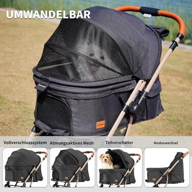 Візок для собак EchoSmile, складний, до 20 кг, для маленьких та середніх собак та котів, з поворотним ручкою, амортизацією та знімним чохлом (чорний)