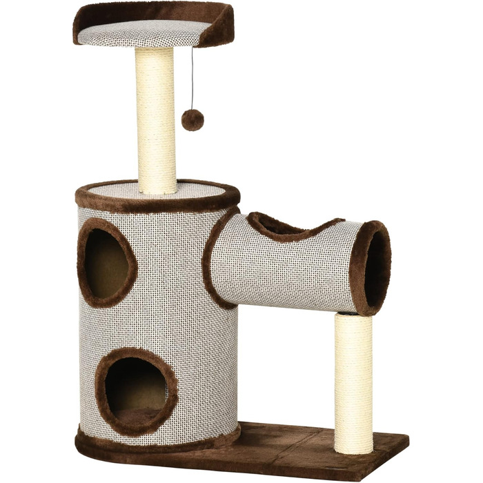 PawHut Дерев'яний кігтеточка для котів середнього розміру, 104 см, з ліжком, тунелем, сизалевими стовпчиками та м'ячиком, 75x39x104 см, коричневий