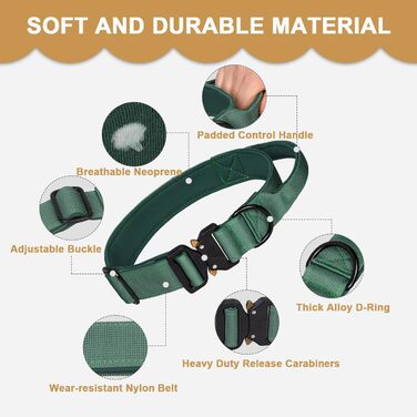 Тактичне обплетене нашийник для собак Vivi Bear, нейлон, контрольний захват, великі породи, зелений (L)