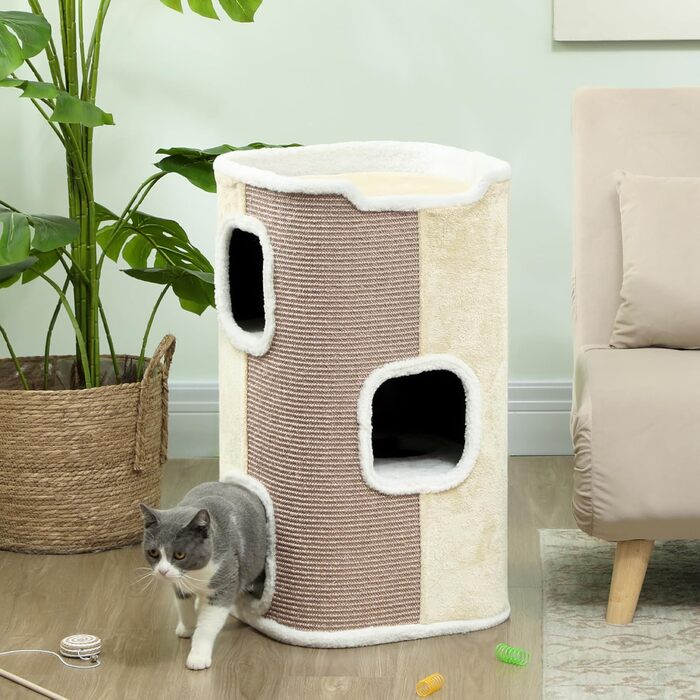 PawHut Котячий драпак-стілець 3 рівні, котячий будинок, меблі для котів, ДСП, плюш, сизаль, бежево-білий, 40x40x74 см