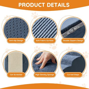 Сходинки для собак до ліжка, дивану: 4 сходинки, протиковзкі, для маленьких собак, з високощільним пінополіуретаном, портативні, (фліс, темно-синій)