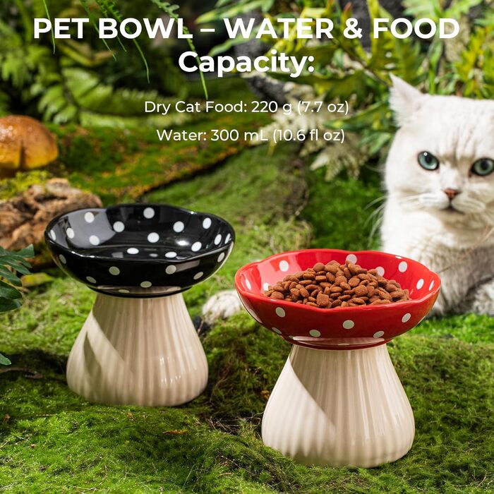Підвищений годівниця для котів, керамічна миска у формі гриба, широка та плоска годівниця для котів зі стійкою, миска проти блювоти для котів, миска для кошенят та літніх котів (чорна)