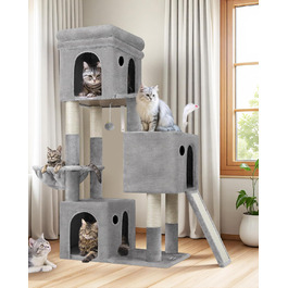 Дерево для котів Globlazer XL сірого кольору з великою печерою для 2-4 котів, когтеточкою з сизалю, м'яким кошиком та іграшками, висота 133 см