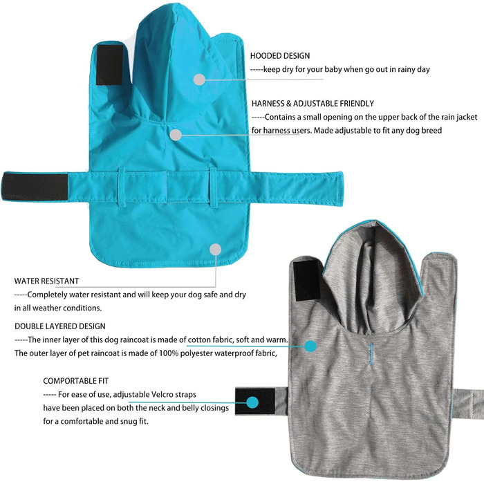 Дощовик для собак LeerKing: водонепроникний дощовик з м'якою підкладкою, для малих, середніх та великих собак, довжина 11-71 см, колір блакитний