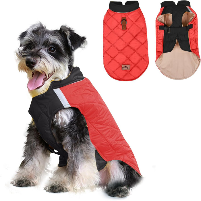 Водонепроникний нашийник для собак PETCUTE, зимова куртка для собак, захист від вітру, одяг для собак середнього та великого розміру, нашийник з безпечними світловідбиваючими смугами, дощовик для собак з отвором для шлейки (3XL, Червоний+Чорний)