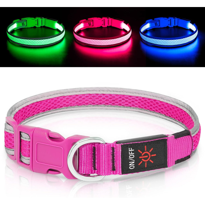 Світлодіодний нашийник для собак Bpawser, USB зарядка, рожевий, M, для середніх і великих порід, світиться для безпеки вночі