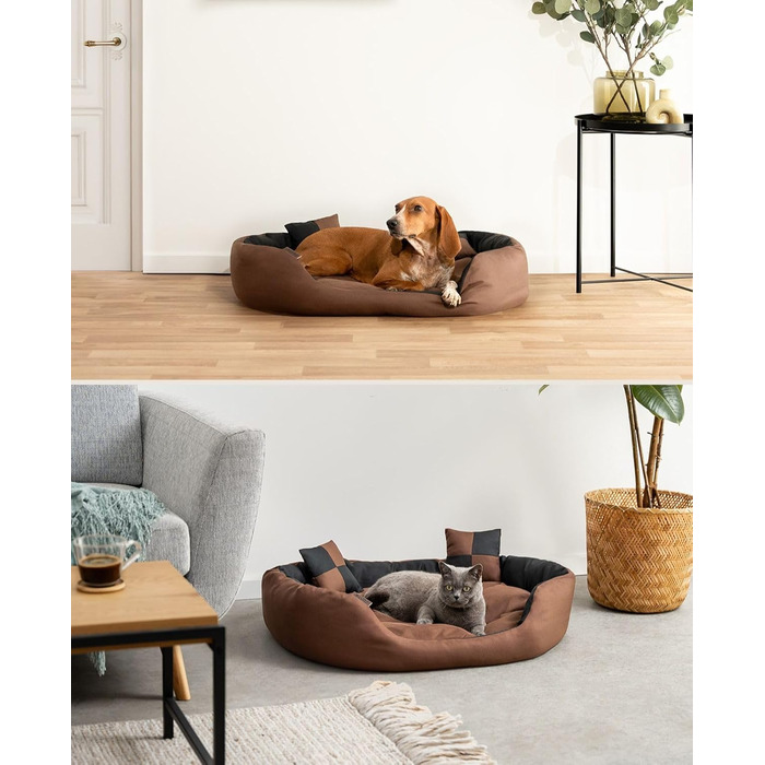Кілимок-ліжко для собак Lionto 4-в-1 з двостороннім подушкою, 85x70 см, міцний оксфорд, водонепроникний, для котів та собак всіх розмірів, з глибоким входом, з декоративною подушкою, чорний/коричневий