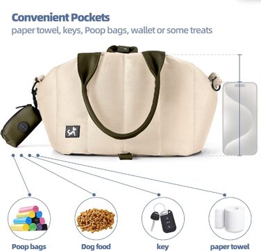 Сумка-переноска для собак Sytopia, кремово-бежева, з кишенями та регульованим поводком, водонепроникна