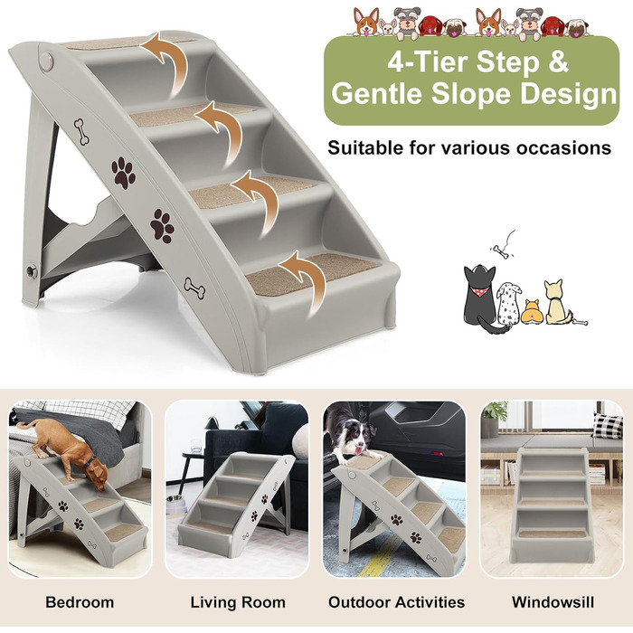 Сходинка для тварин SOARS: 4 сходинки, килимок з повсті, для котів та собак до 60 кг, антиковзка, для ліжка, авто, дивану (сірий)