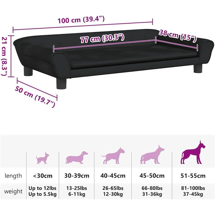 Крісло-ліжко для собак, м'яке ліжко для тварин, лежанка для собак та котів, чорний велюр, 100 x 50 x 21 см