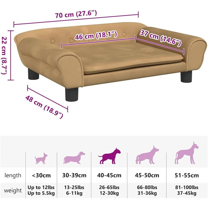 Крісло-ліжко для собак, м'яке ліжко для тварин, диванчик для маленьких собак та котів, з велюру (70 x 48 x 22 см, Коричневий)