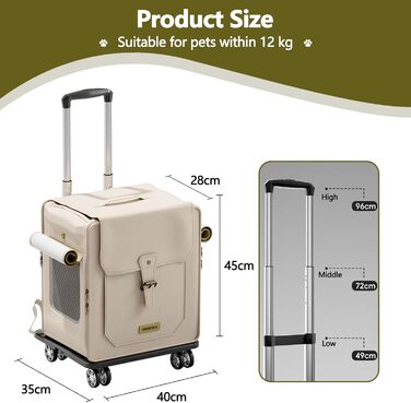 Рюкзак для тварин Galatée з колесами, візок для домашніх тварин, сумка для подорожей з собакою знімні колеса, рюкзак для собак з сітковими вентиляційними вікнами (білий)