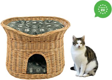 Кошик для котів XL 70 см овальний з лози, двоповерхове ліжко для котів і собак з м'якими темно-сірими подушками, натуральний колір, котяча хата для дому