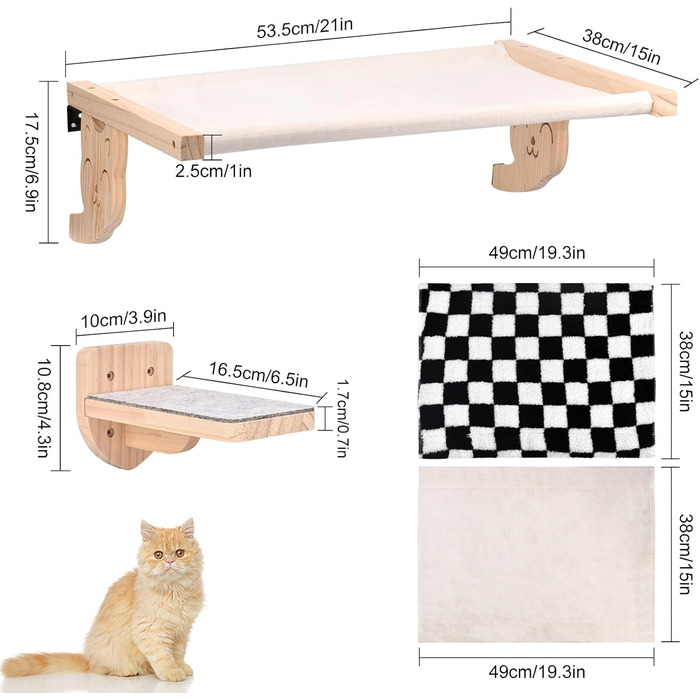 Настінна гамак для котів, дерев'яні меблі для котів, полиці та стійки, полиця для котів з плюшем, платформа-ліжко для котів для сну, ігор та лазіння