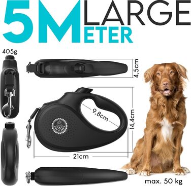 Витяжна повідка для собак HUND IST KÖNIG 8м для малих та великих собак | Міцна витяжна повідка з зручною ручкою | До 50кг | Чорний