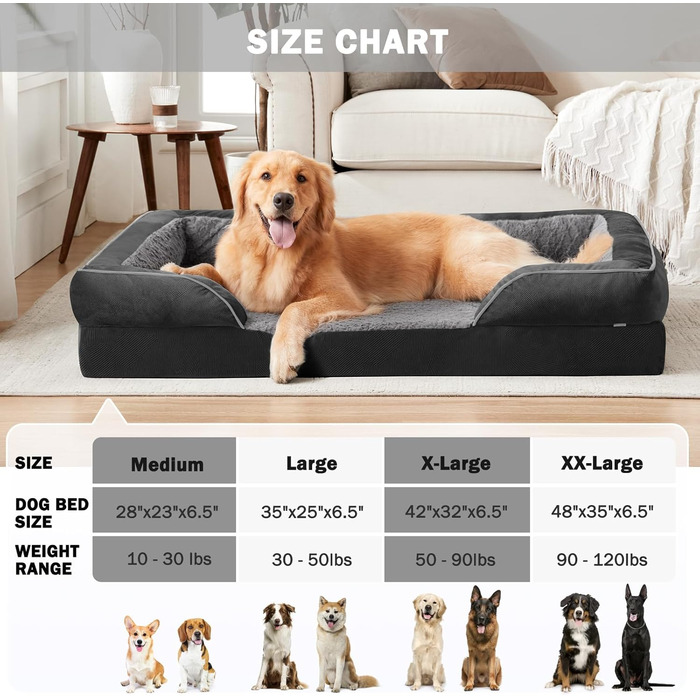 Ортопедичне ліжко для собак великих порід, водонепроникне, знімний чохол, чорний колір, розмір L (35'x 25'x 6.5')