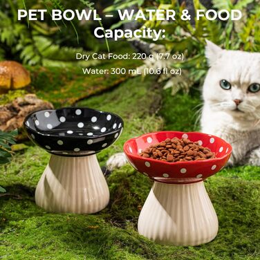 Підвищений годівниця для котів, керамічна миска у формі гриба, широка та плоска годівниця для котів зі стійкою, миска проти блювоти для котів, миска для кошенят та літніх котів (чорна)
