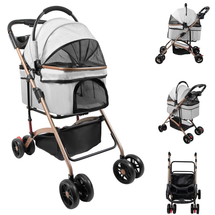 Візок для собак 3 в 1, складний, для маленьких собак та котів, знімний кошик, сітчасте вікно, оксфордська тканина, до 20 кг (Сірий)