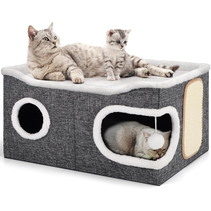 Шика Будинок-печеринка для котів, великий закритий будиночок для котів, 61T*45B*32H см, двоярусний куб для котів, XXL печеринка для котів з когтеточкою та іграшкою, будиночок-печеринка для маленьких та середніх тварин, великий, сірий