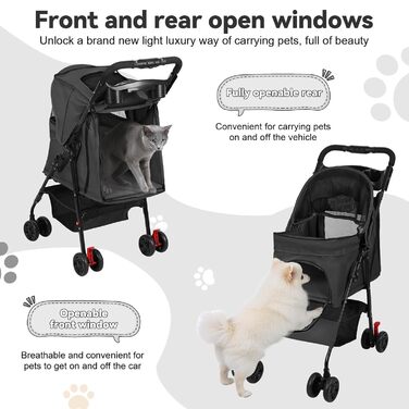 Складаний візок для тварин та дітей з колесами на 360°, кошиком для зберігання, міцним металевим каркасом та дихаючими сітковими віконцями – портативний переносник для котів та собак до 22 кг, чорний