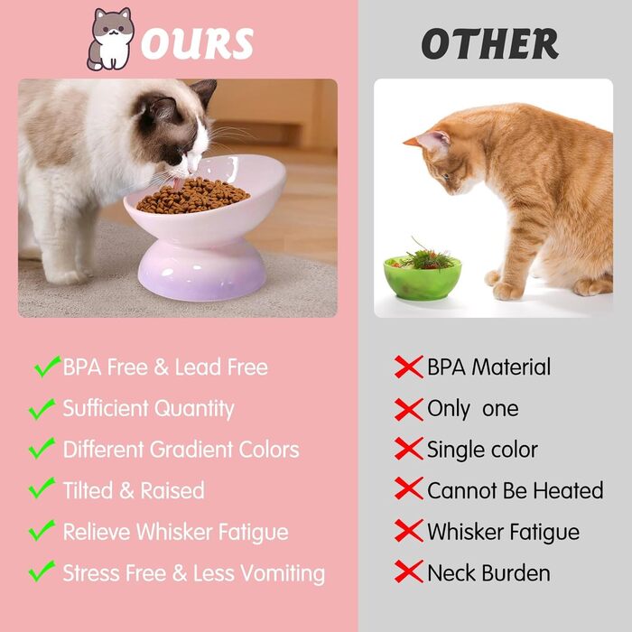 Підвищений годівниця для котів та маленьких собак Kathson, кераміка, нахилена, проти блювоти, 4 шт. (Blue, Green, Purple, Pink)