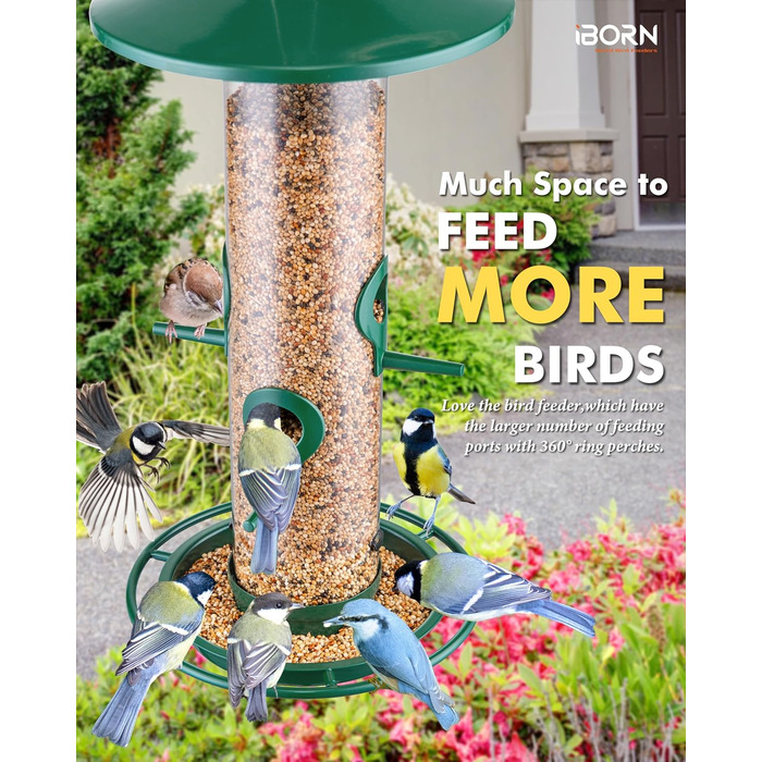 Годівниця для птахів iBorn на відкритий простір – годівниця для птахів з металу, місткість 900г, 4 отвори для годування, чорний/зелений колір