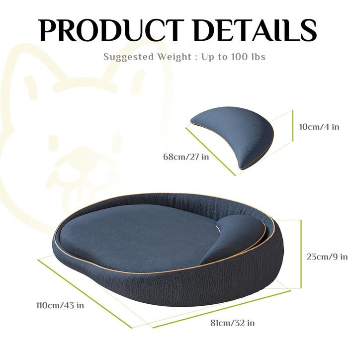 Ортопедичне собаче ліжко XXL з подушкою – комфортне собаче софа з Memory Foam, знімний та пральний чохол – ліжко для великих собак, довговічне та затишне (Blue)