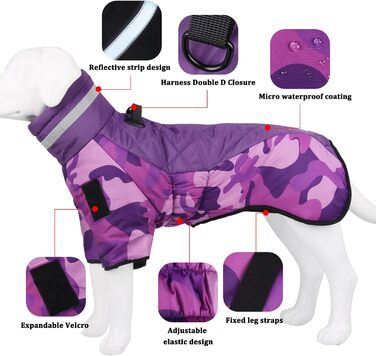 Відбиваюча куртка для собак великих порід, зимова водонепроникна тепла куртка-манта для собак, жилет для собак з D-початком для активного відпочинку, спорту та полювання (4XL, фіолетовий)