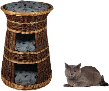 Корзина для котів для сну – котяча хатинка для дому – розмір 43 x 49 x 70 см, кругла – котяча печера з лози, трирівневе ліжко для собак або котів з пральним подушками в бежевому кольорі – лакована корзина (подушка світло-сіра)
