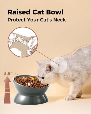 Підвищений годівниця для котів LoeJan, 142 мл, кераміка, анти-блювотна, для захисту хребта, підходить для котів, маленьких собак та кошенят, сірий колір, 1 шт.