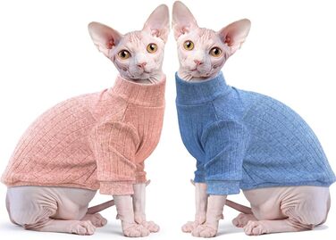 Ідеальний светр для котів Sphynx і маленьких собак, м'який бавовняний комбінезон-піжама з високим коміром, зимовий одяг для котів, цуценят і чихуахуа, 2 шт., синій і рожевий, розмір XS