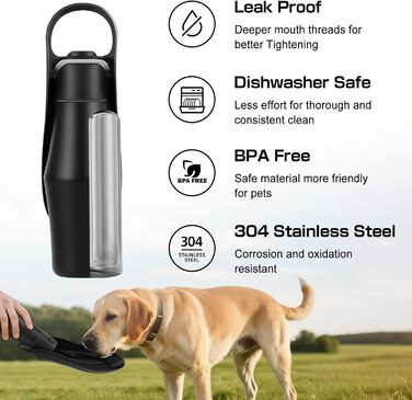 Водяна пляшка для собак на прогулянці - 750 мл, з нержавіючої сталі, подвійні стінки, вакуумна ізоляція, чорна, без витоку