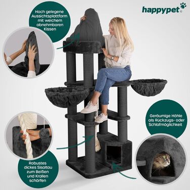 Дерев'яний котячий комплекс HAPPYPET Oscar 161 см для великих котів, преміум когтеточка 47 кг, стовпи 12 см, для мейн-кунів, 600 г плюшу, антрацит