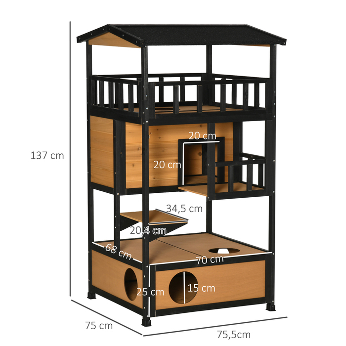 PawHut Cat House Ялина Wood Cat House 4 поверхи зі сходами, зимостійкий асфальтовий дах, жовтий, 75,5x75x137см, ідеально підходить для вулиці та патіо