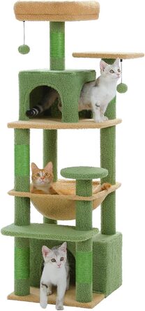 Велика когтеточка-дерево PAWZ Road 136 см для котів, з будиночком, сизалевими стовпами, м'якими лежаками, двома кабінами і кошиком, для домашніх котів, зелена