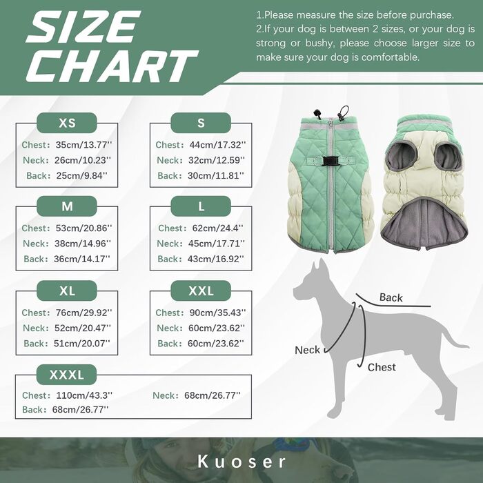 Зимовий теплий пуховик для великих собак Kuoser – водонепроникна куртка з флісовою підкладкою, світловідбиваючими елементами, коміром з хутром, блискавкою та кільцем D – теплий одяг для собак на вулицю, XL, зелений