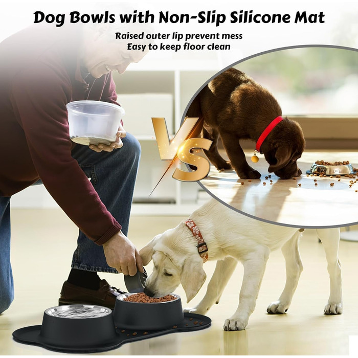 Набори мисок для собак CEASELESLY з нержавіючої сталі (2 x 400 мл) з підставкою з силікону, чорного кольору. Підходять для собак середніх та малих порід, кошенят та цуценят.