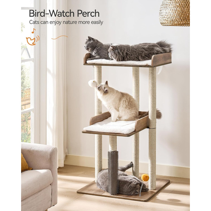 FourFurPets котячий комплекс 111 см, сучасний котячий тур, будиночок для великих дорослих котів, когтеточка, велика лежанка, знімні подушки, для дому, Greige
