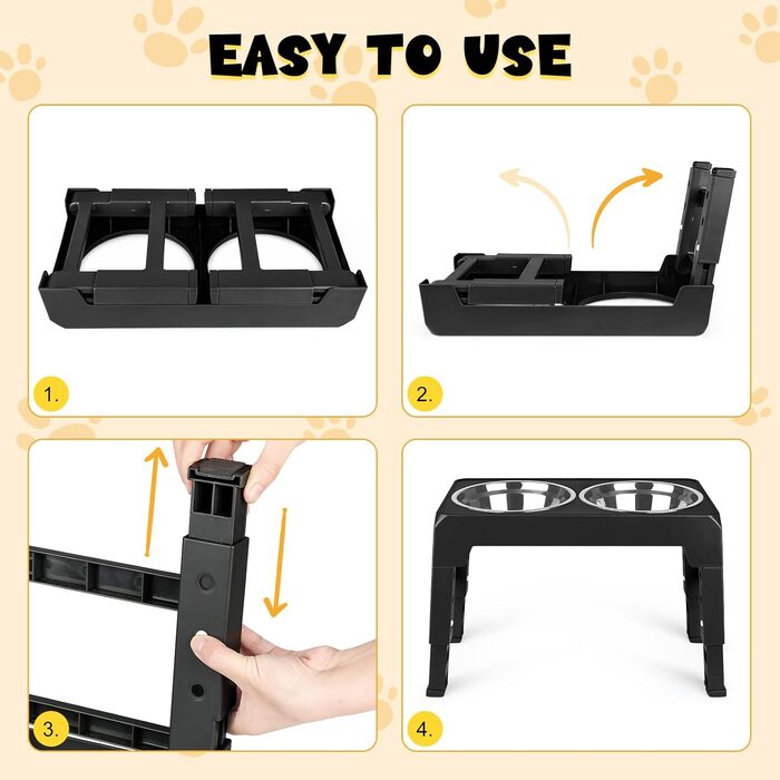 Підвищена годівниця для собак та котів з нержавіючої сталі, 2x1.8L, регульована висота, антиковзаюча, 44x24x8 см, чорна