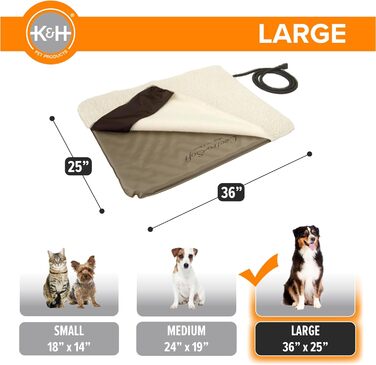 K&H Pet Products Лектро-Софт ортопедичне підігрівне ліжко для великих собак або кількох котів, безпечне, водонепроникне, м'яке, гнучке, знімний чохол, розмір L 91,4 см