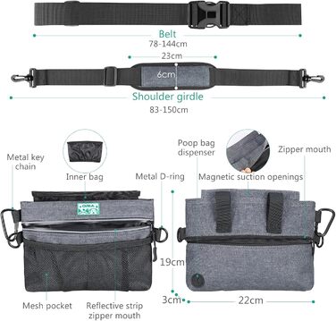 Сумка для корму для собак ORIA, переносна сумка для тренувань, з магнітним закриттям, регульований ремінь та диспенсер для відходів, преміум-якість - сіра