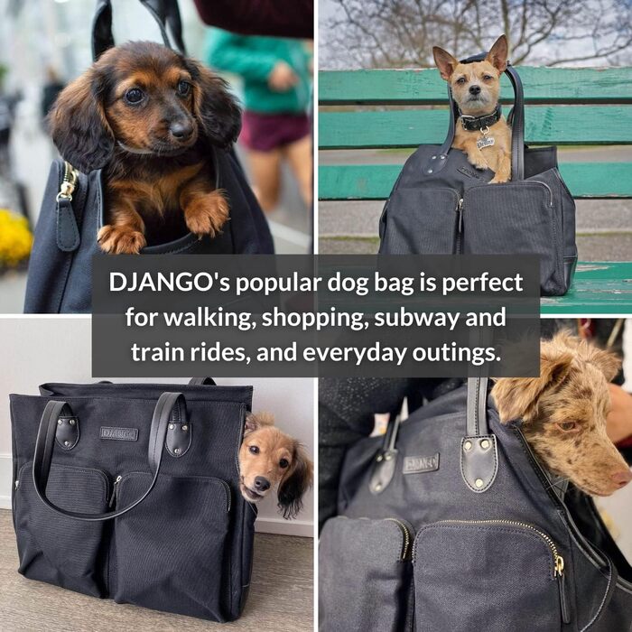 Сумка-переноска для собак Django з вощеного канвасу та шкіри, чорна, з безпечним ремінцем, блискавкою та кишенями